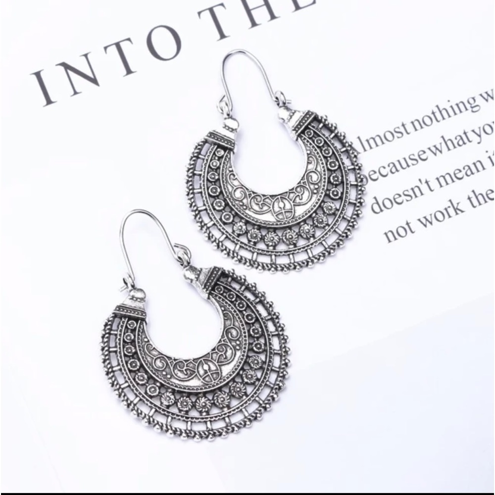 New Wildflower Wander Mandala Antique Sterling Silver Hollow Out Hoop Earrings - Picture 3 of 16
